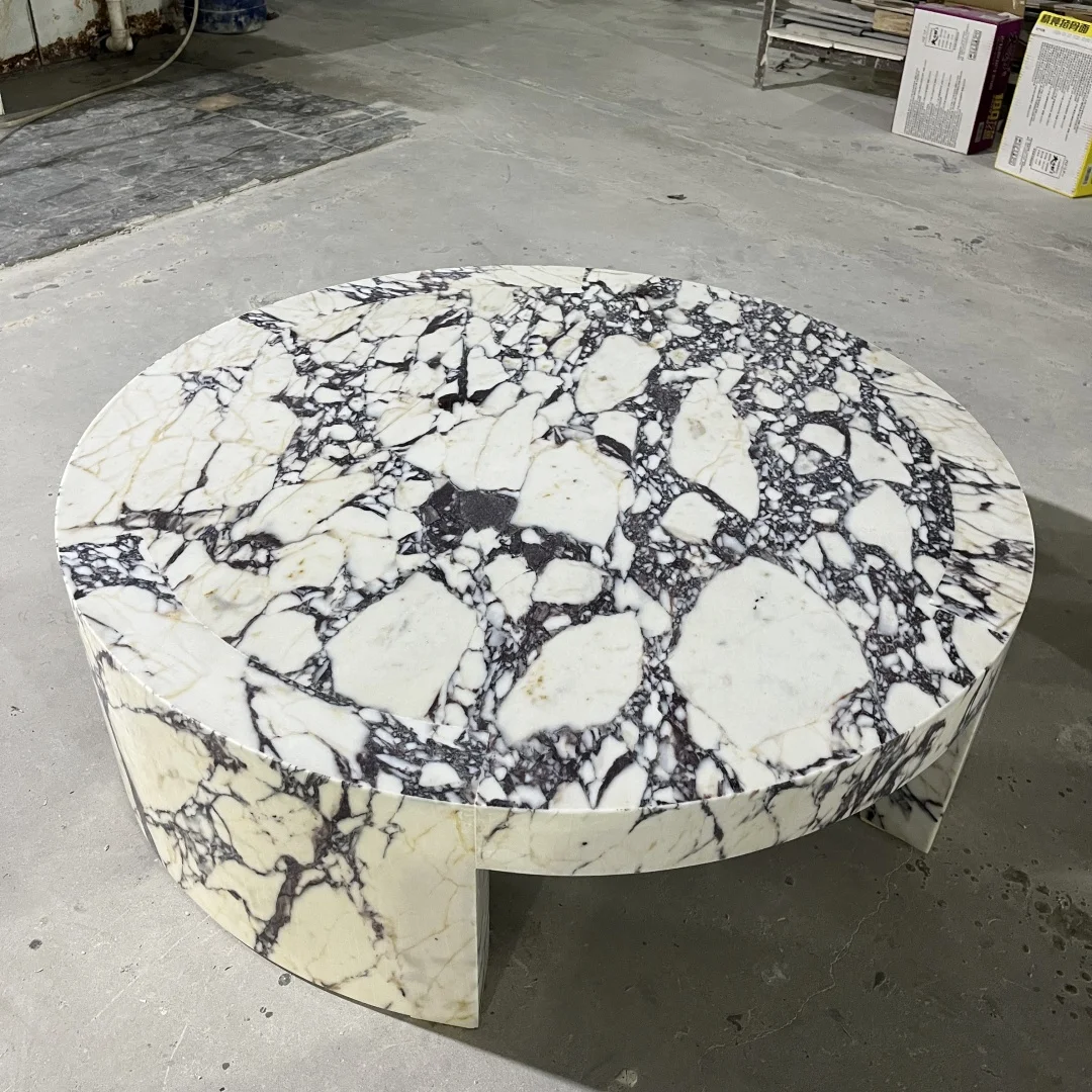 Modern Round Calacatta Viola Marble Coffee Table  Large Plinths Coffee Table Set Centre Tables with Marble Unique Top Pedestal