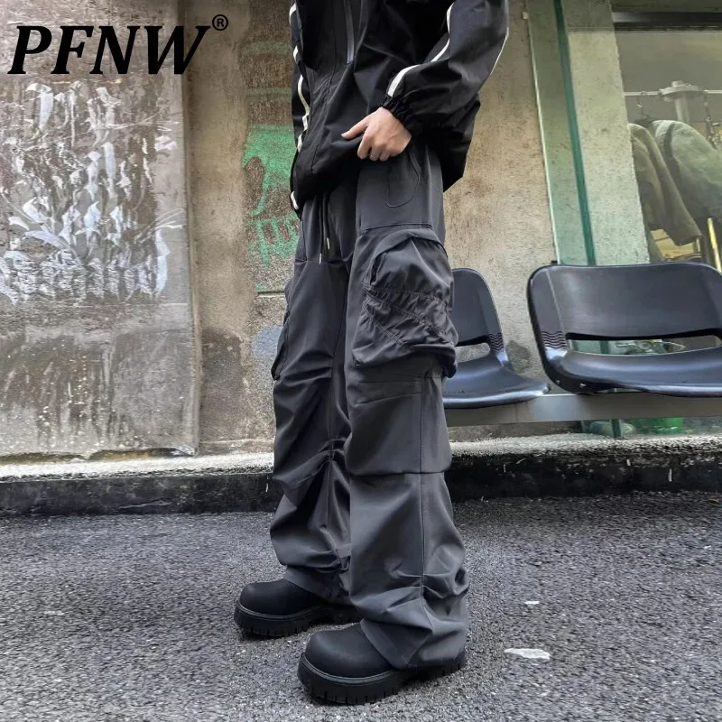 PFNW Male High Street Functional Design Wrinkled Large Pocket Men's Straight Cargo Pants For Men Casual Black Trousers 12C1818