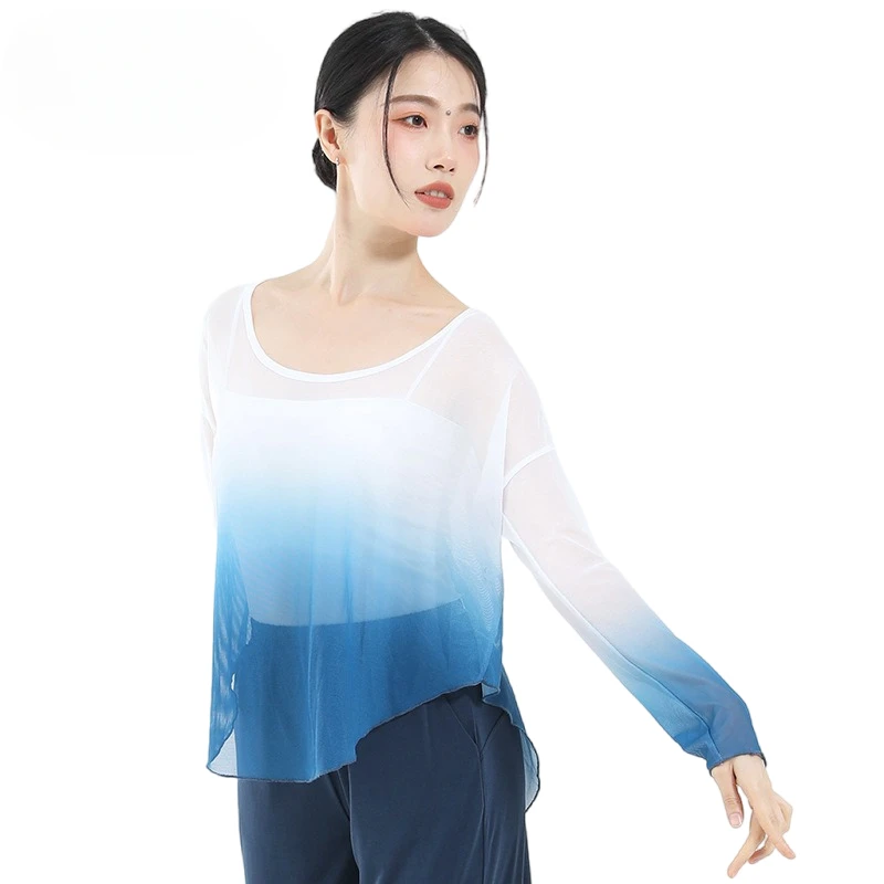 Classic Dance Gauze Top Women Flowy Body Rhyme Gradual Mesh Shirt Long Sleeve Cloth Chinese Modern Training Performance Cover Up