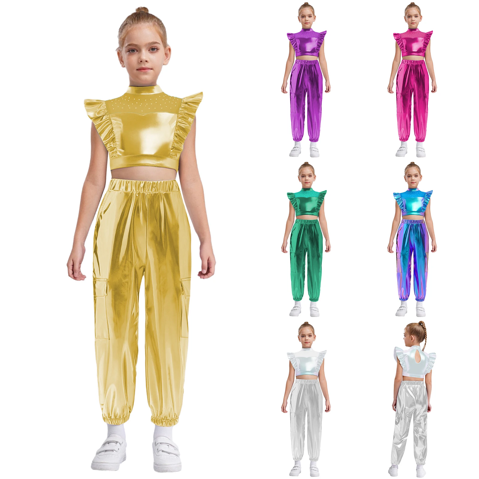 Kinderen meisjes hiphop jazzdanssets strass patchwork mouwloze metallic ruches crop top met cargobroek street wear outfit