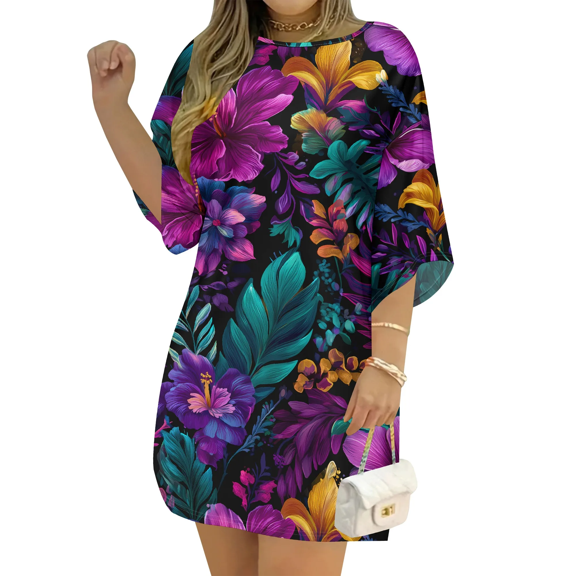 Vibrant Floral Print Tunic Dress Colorful Tropical Leaf Pattern Summer Casual Shift Dress for Women Beach Vacation Party Wear