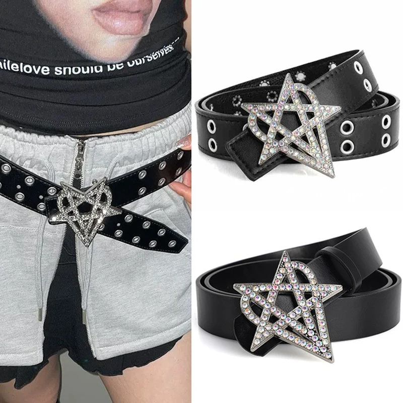 Punk Style Riveted Belt Men Women Y2K Inlaid Rhinestone Stars Buckle Bright Flash Gothic Air Eye Hollowed Vintage Waistband Belt
