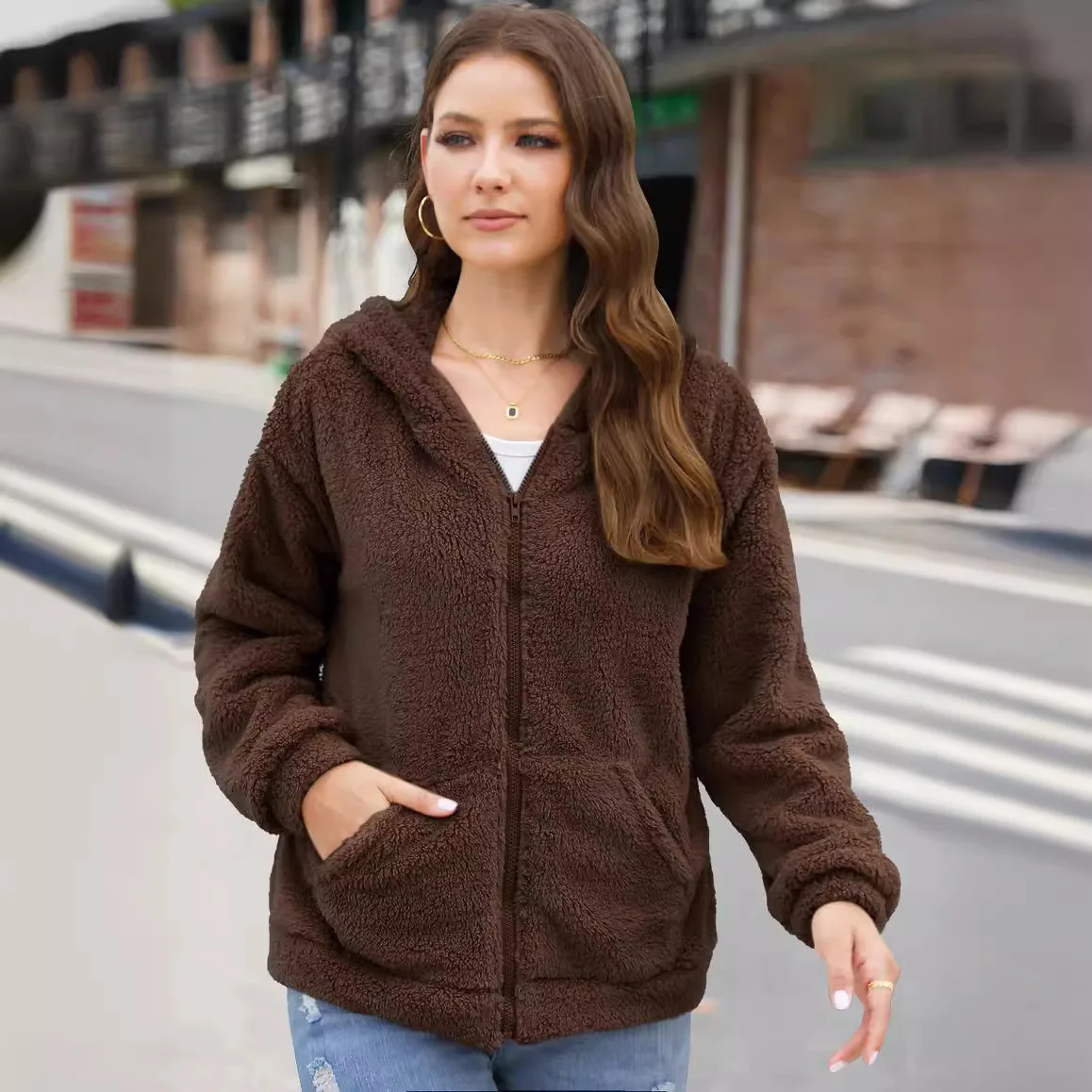 Loose Casual Thick Hooded Plush Jacket