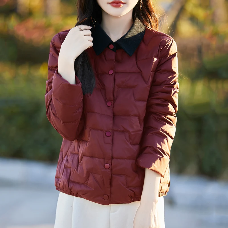 Abrigo de invierno para mujer, cuello POLO, modelo ligero, chaqueta cálida de plumón de pato blanco de manga larga, cárdigan de un solo pecho