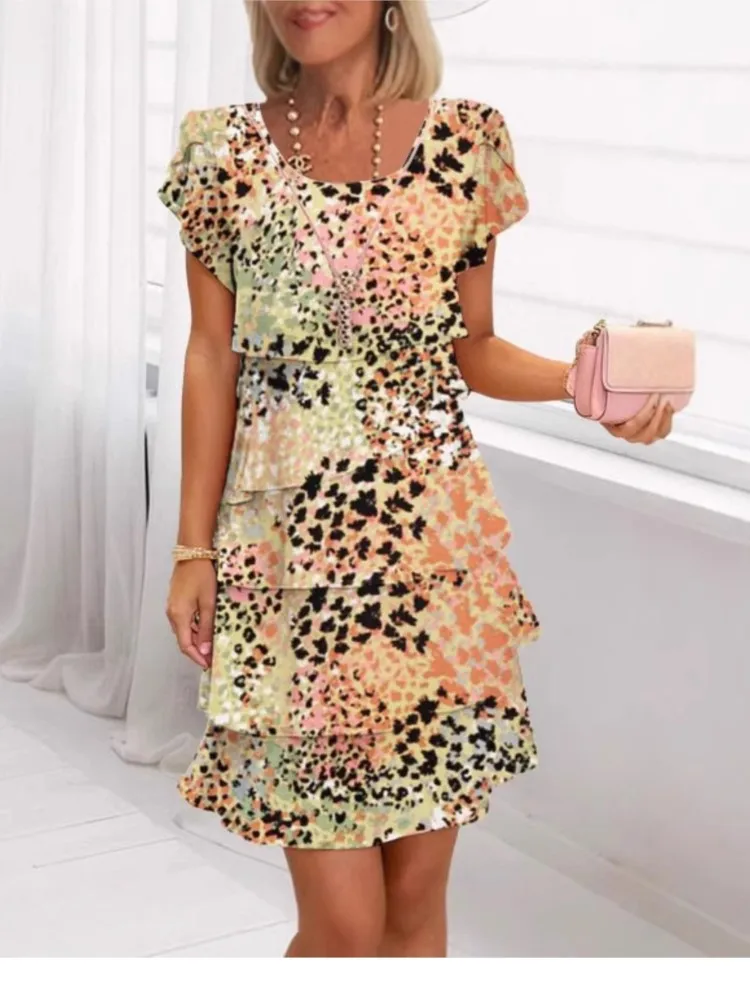 

New Fashion Floral Print Chiffon Dress Woman Elegant Crew Neck Tierred Pleated Dress Summer Short Sleeve A-Line Party Dress