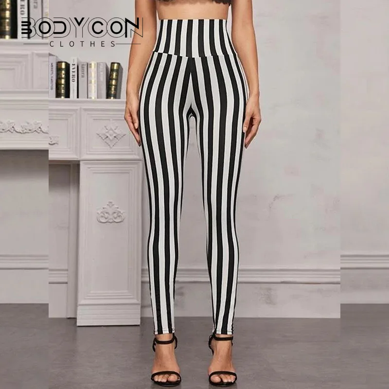 Bodycon Y2K Pants High Waisted Black and White Striped Leggings with High Elasticity Tight Slim Fit Fashionable Cropped Pants