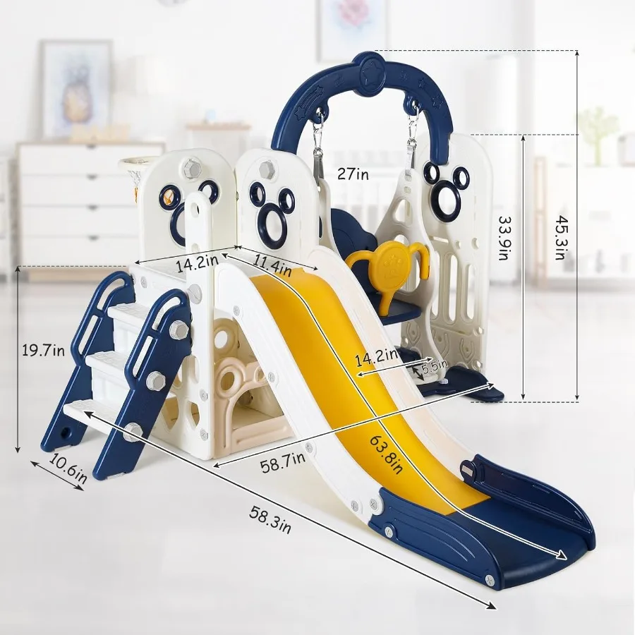 7-in-1-Rutsche und Schaukelset für Kleinkinder, freistehendes Rutsche-Kletterspielset mit Basketballkorb, Kleinkind-Spielplatz für drinnen und draußen
