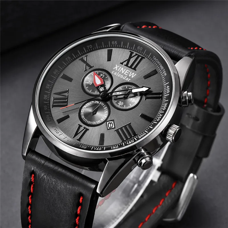 1 unid/lote, relojes de marca XINEW para hombres, correa de cuero de moda para estudiantes, regalos, reloj de cuarzo con fecha, reloj negro para hombre, reloj Masculino