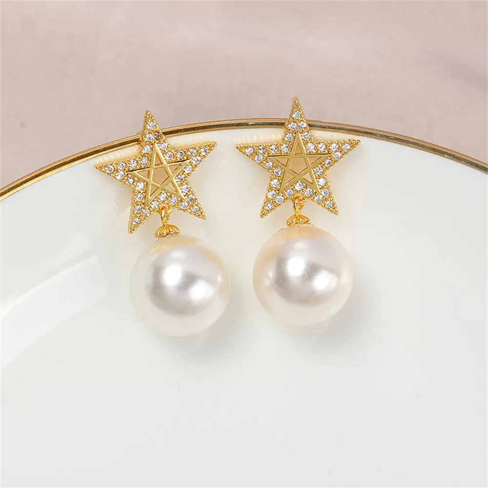 

Domestic Copper 14K Bag Gold Star Zircon Pearl Stud Earrings S925 Silver Pin Earrings Pearl Accessories DIY Women