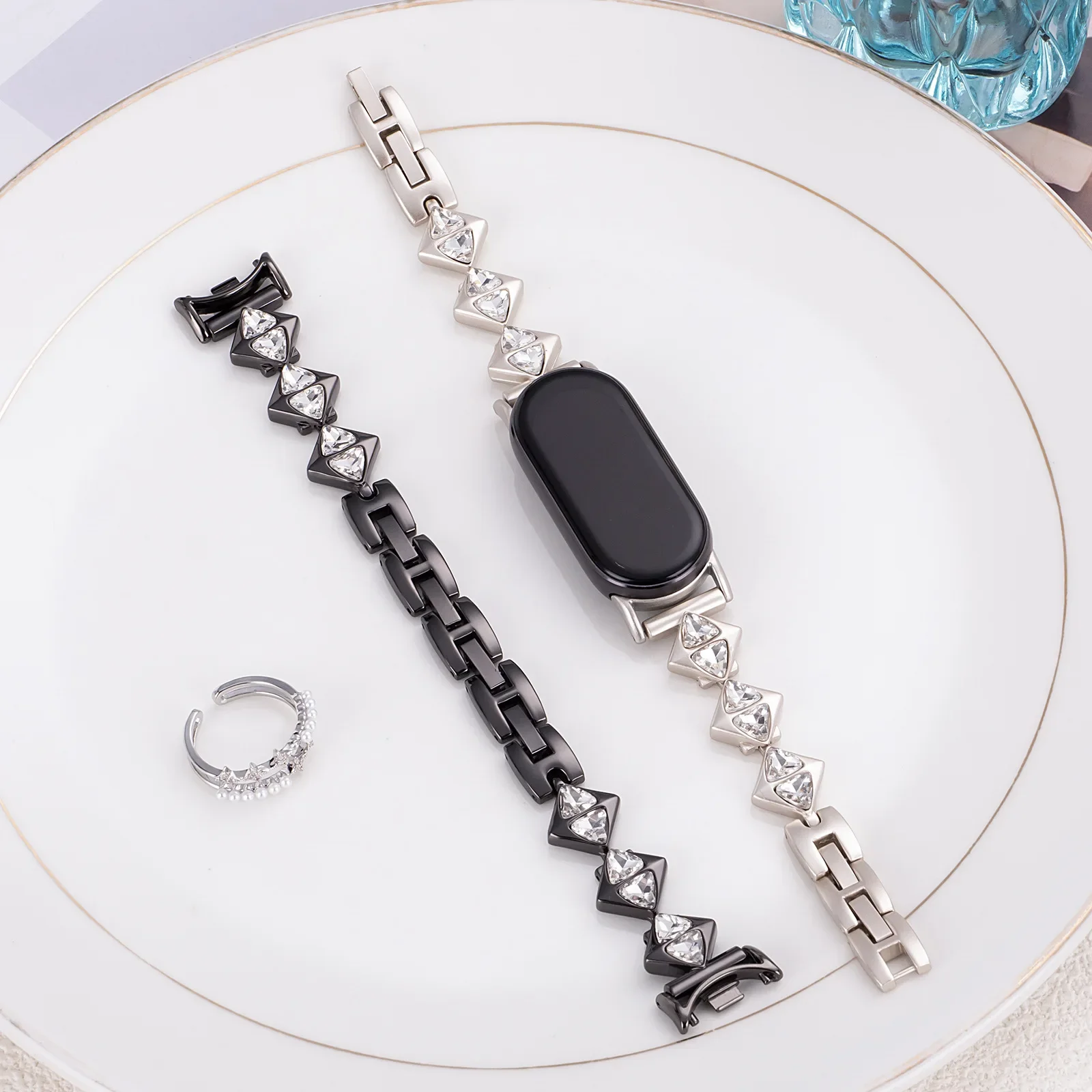 Luxury Slim Stainless Steel Diamond Rhombus Chain Bracelet for Xiaomi Mi Band 10/9/8, Fashionable Women's Adjustable Band