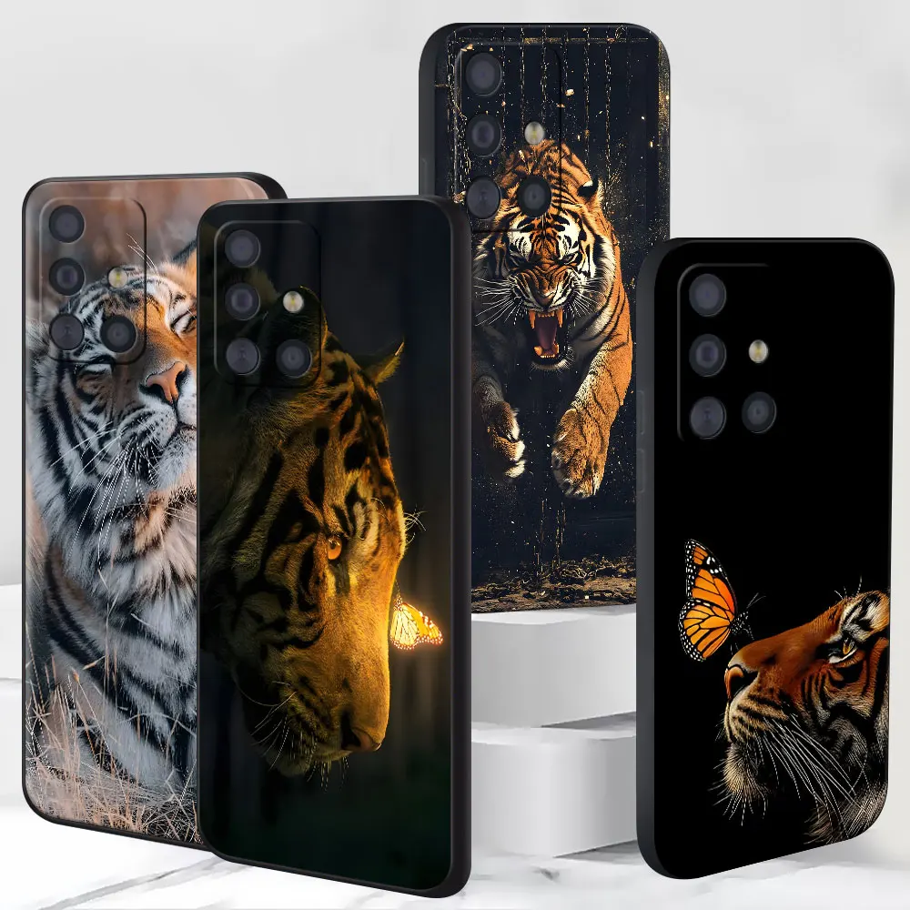 Black TPU Case for Samsung Galaxy A17 A15 A16 A14 A11 A27 A25 A55 A54 A13 A33 A52 A21s A51 Phone Cover Fierce Tiger Butterfly