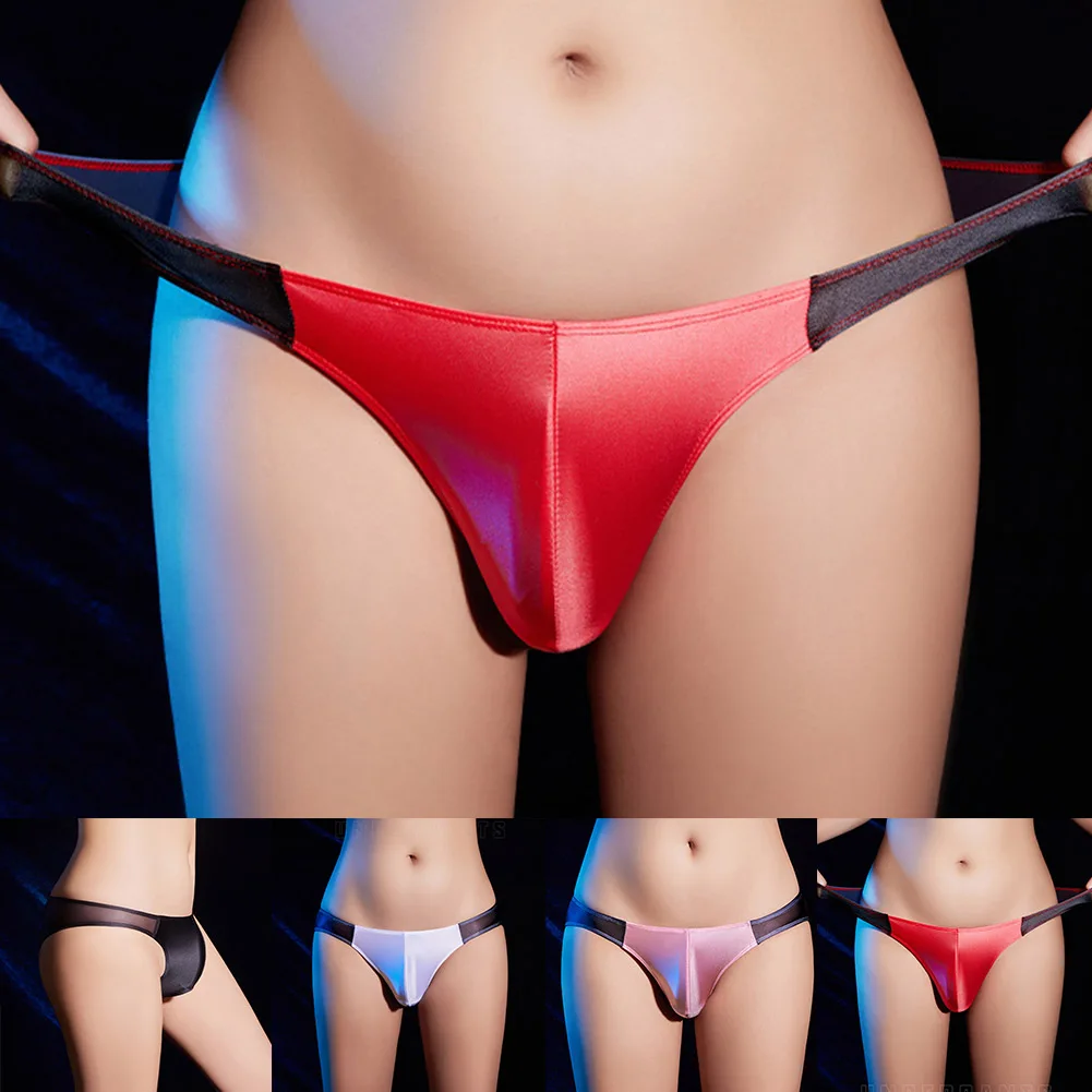 Men\\\'s Sexy U Convex Pouch Thongs Underwear G-Strings Bulge Pouch Ice Silk Oil Shiny Glossy Panties Briefs Comfort Soft Knickers