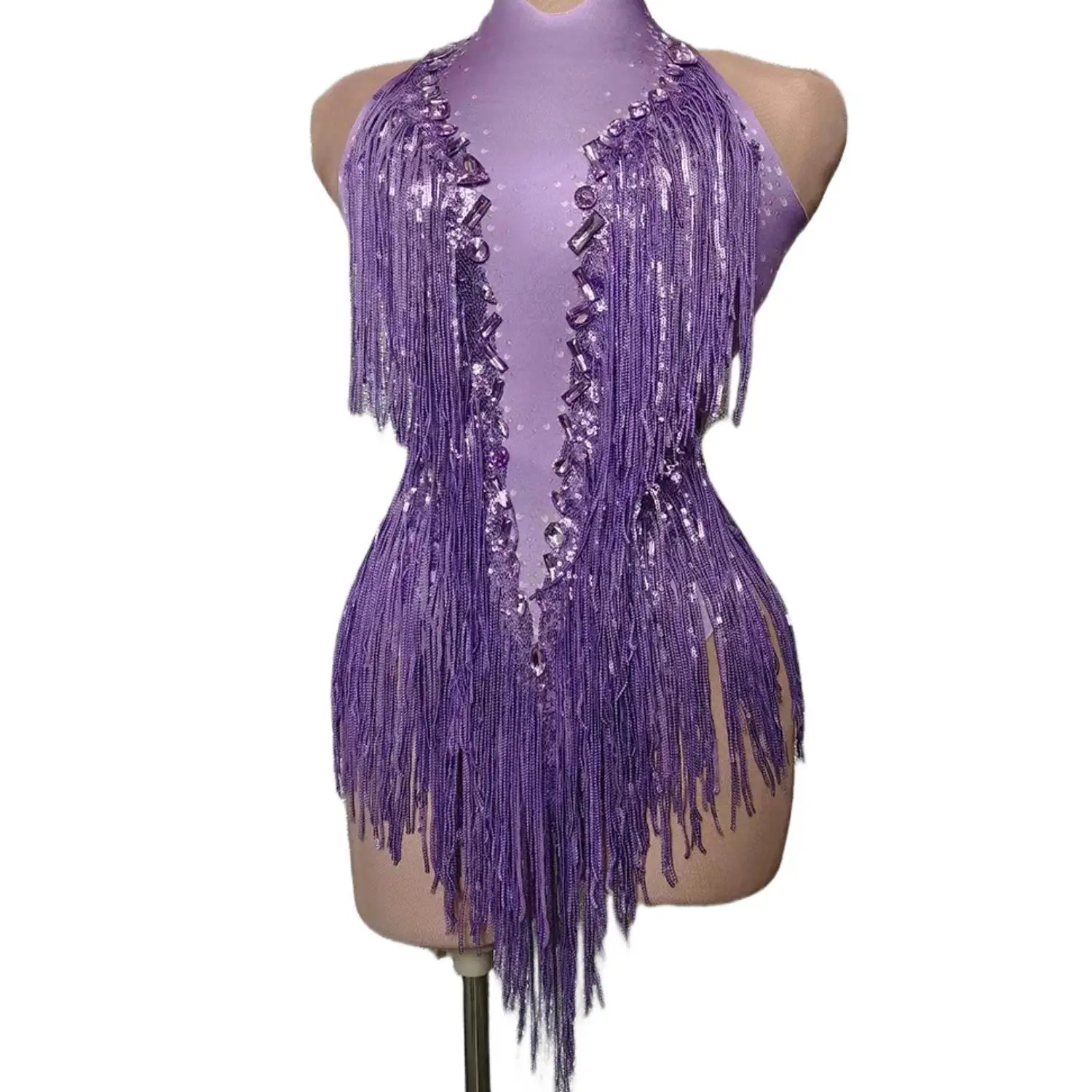 Sexy Tassel Leotard Jazz Dance Costume One-piece Stage Wear Sparkly Crystals Fringes Bodysuit Dancer Performance Show Clothing