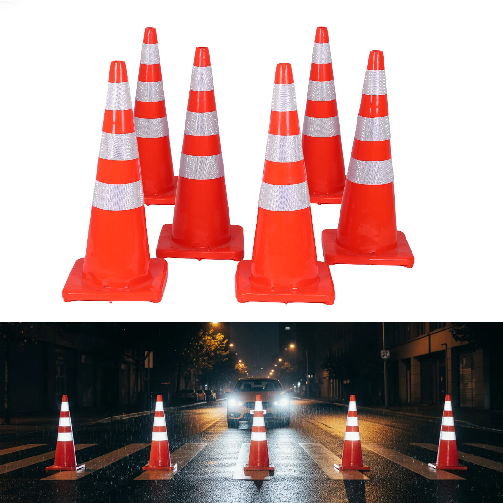 

35 Inch 6pcs PVC Traffic Safety Parking Cones Reflective Collars Higher Warning with Reflective Collars Plastic Safety Cones