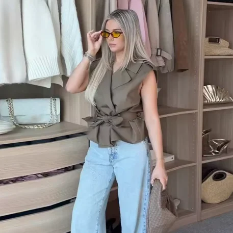 Solid Notched Lapel Shoulder Pad Sleeveless Trench Vest Double Breasted Belted Waist Cropped Layering Waistcoat Outerwear 260701