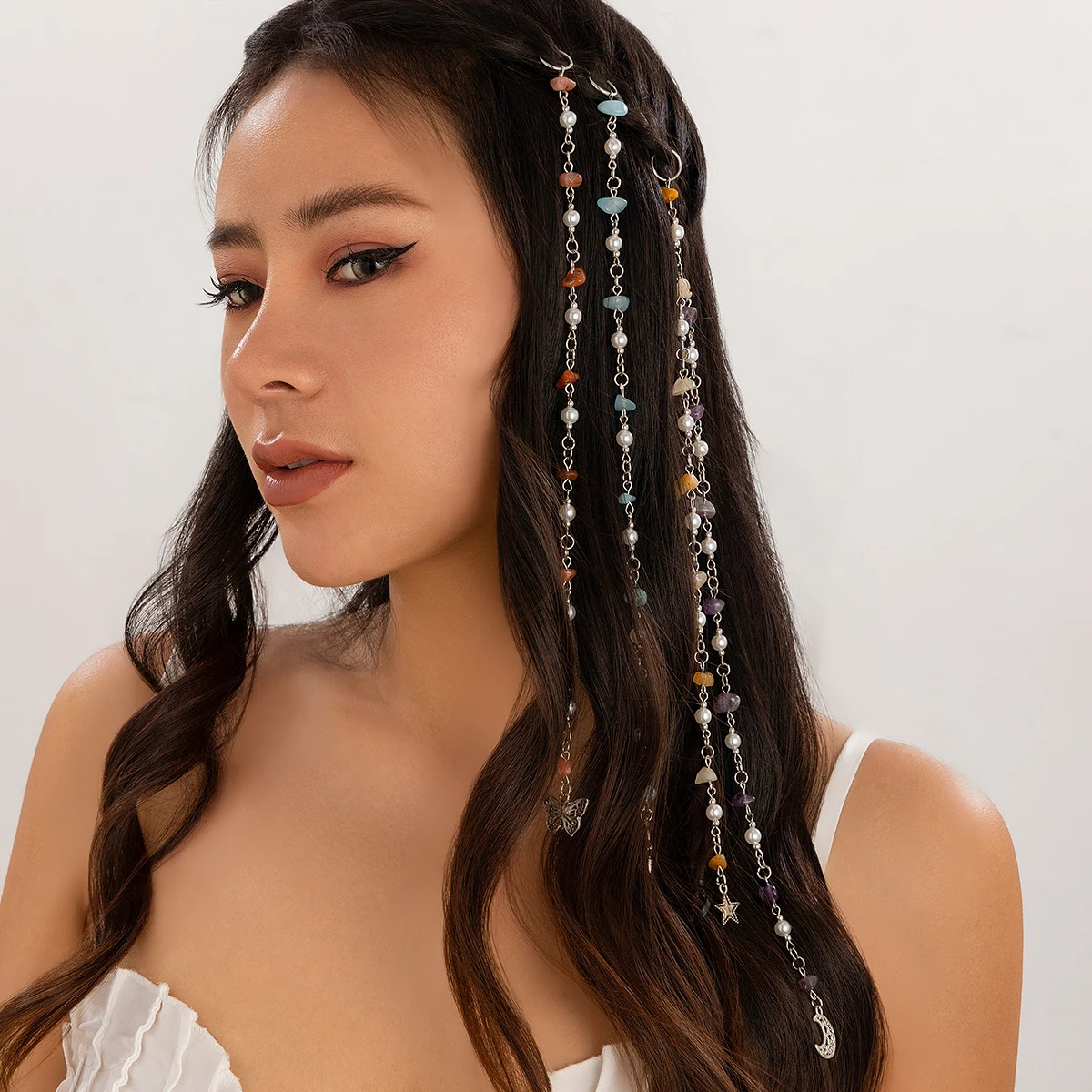 Ingemark Personality Ethnic Style Braided Hair Ring Tassel For Women Imitation Pearl Star Butterfly Moon Pendant Hair Jewelry