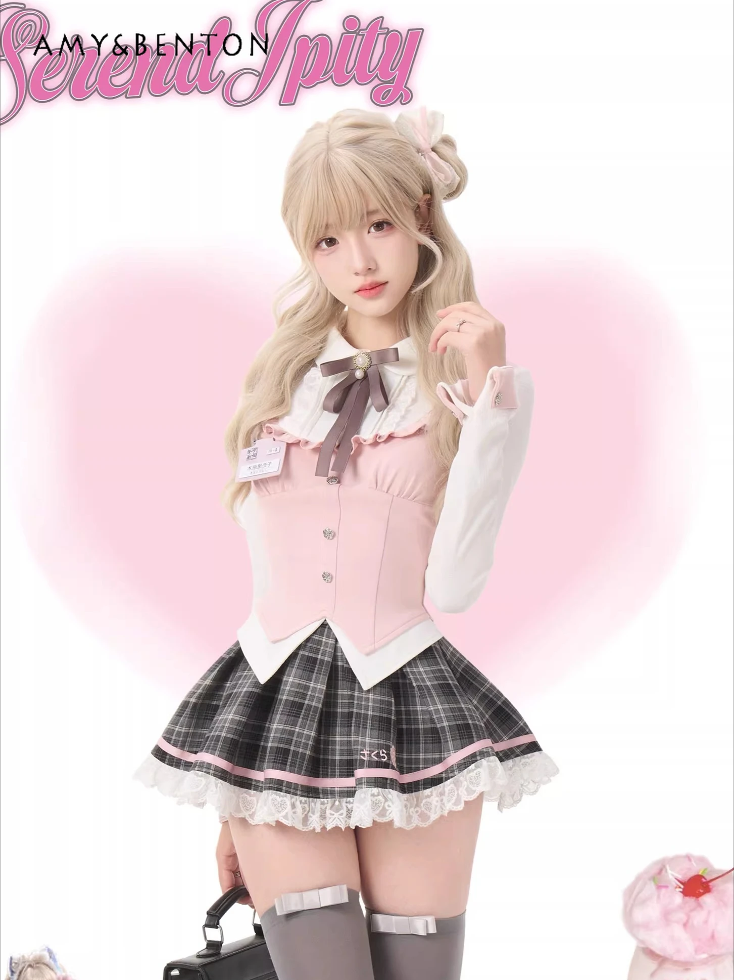 

College Style Sweet Cute Two-piece Set Long-sleeved Shirt Lace Trim Plaid Puffy Skirt Kawaii Gray and Pink Patchwork Skirt Sets