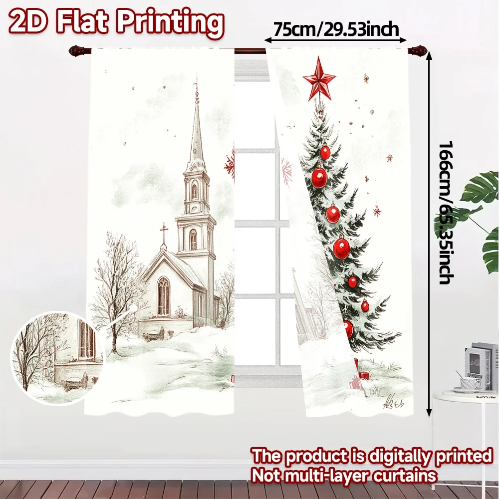 2pcs,Curtains Christmas Tree Snow Village_a (2) Fashionable Popular Curtains Durable Polyester Curtains Decorations Inside Use