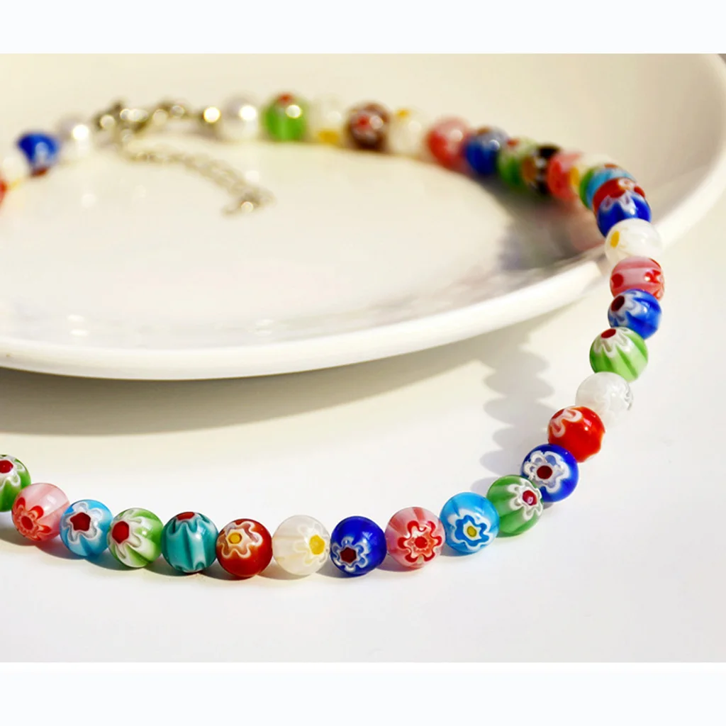 1PCS Vintage Thousand Flower Glass Bead Necklace, Female Friend Personalized Versatile Colorful Beads Collar Chain Jewelry