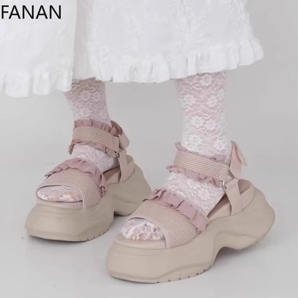 

Retro Casual High Heel Sandals Lolita Ruffled Japanese Sports Running Slippers for Girls Non-Slip Lightweight Shoes for Women