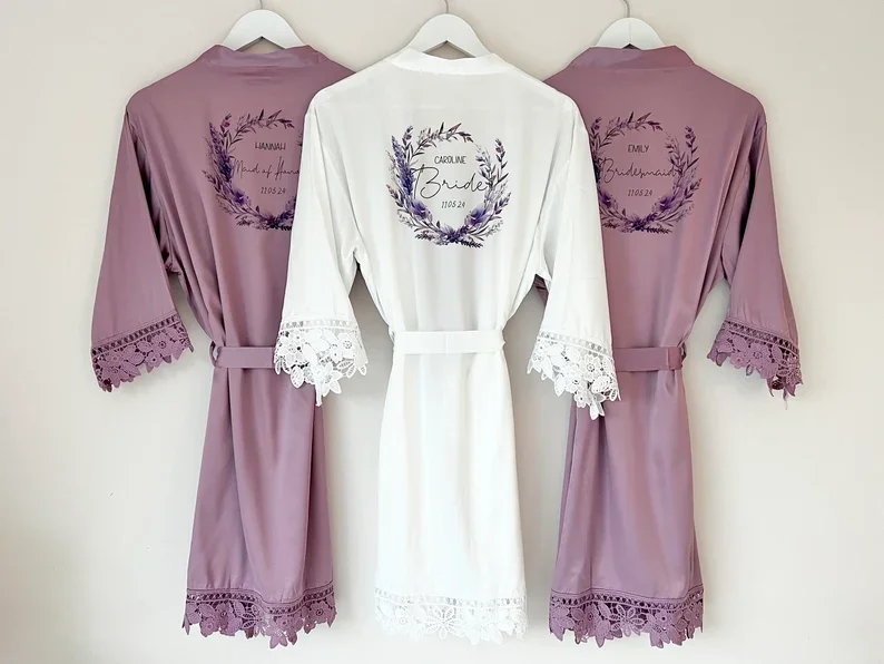 Personalized Lavender Purple Wreath Foliage Floral Bridal Robes Silky Robes Wedding Bridesmaid Gift Bridal Party Satin Robes