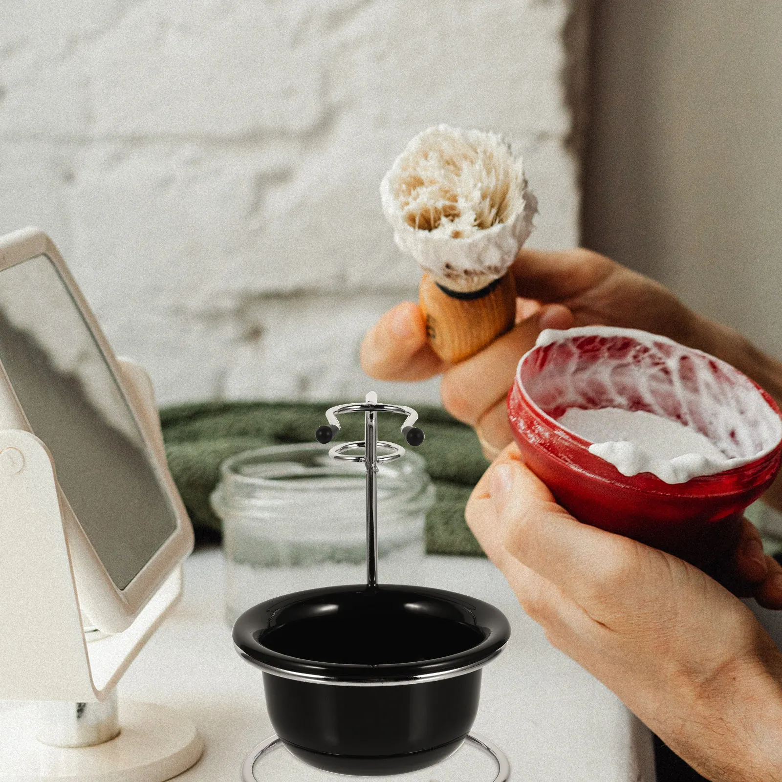 Shaving Brush Holder and Bowl Set Alloy Razor Stand Corrosion Resistant Rust Proof Stable Flat Base Smooth Edges for Tidy