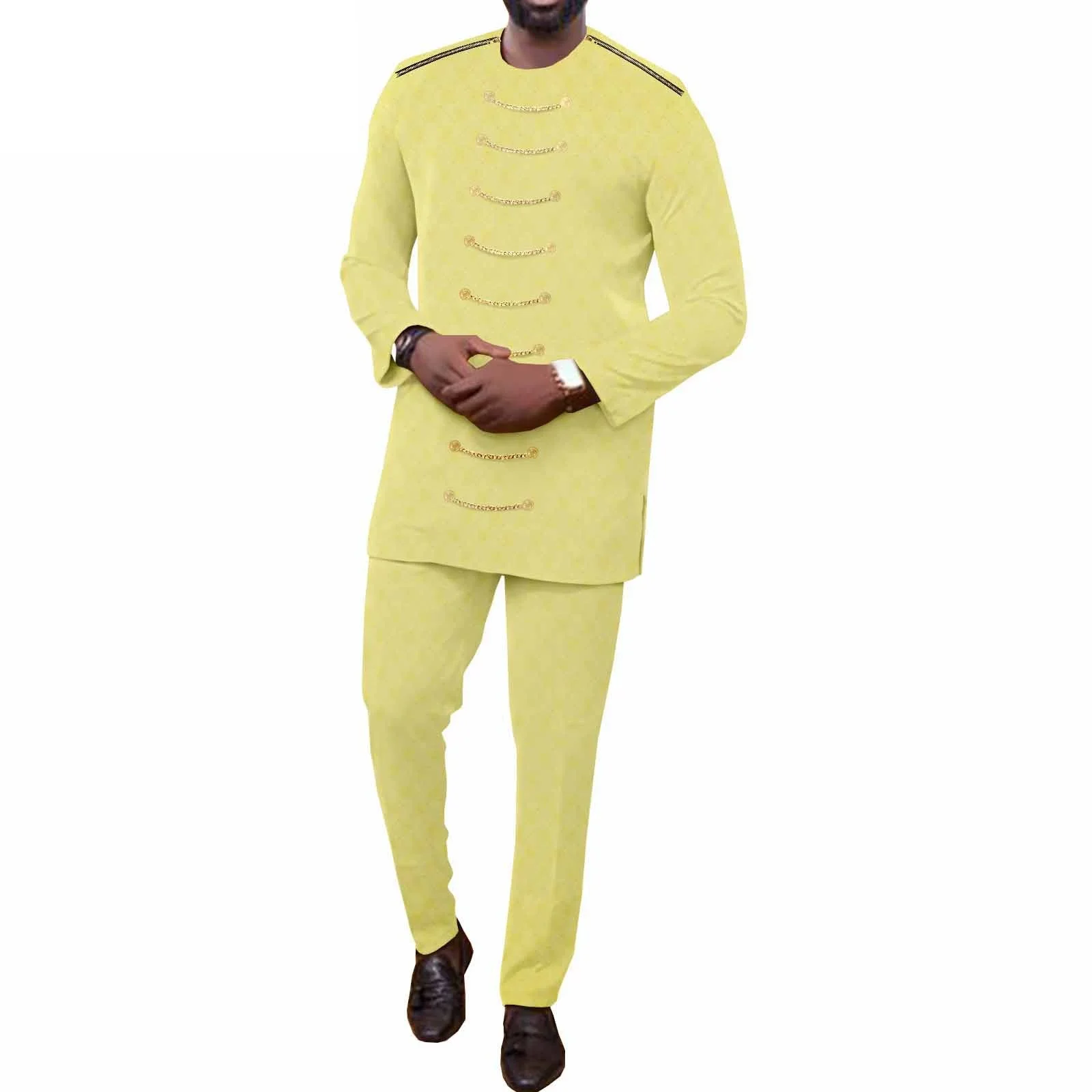 ملابس رجالية أفريقية سترة بسحاب وسراويل أنقرة مكونة من قطعتين ملابس Dashiki مقاس كبير مع سلسلة بازان الثراء