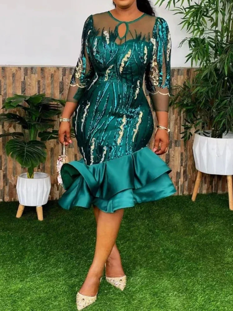 Robe de Soirée Verte à Paillettes pour Femme, Col Rond, Demi-Manche, Tambour à Paillettes, Queue de Poisson, Soirée, Anniversaire, Événement, Midi, 2024