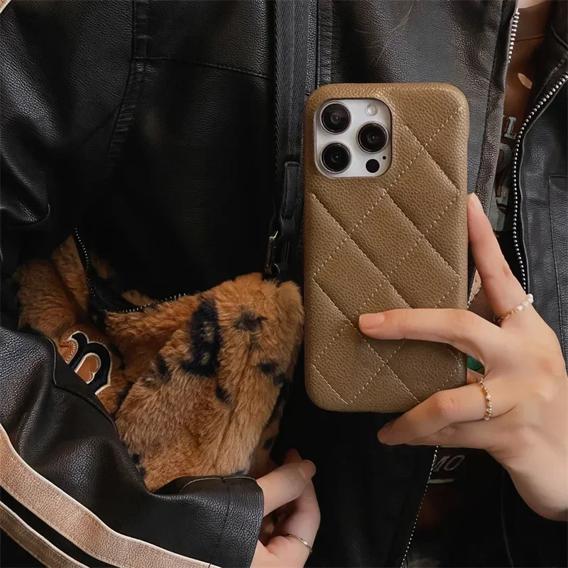For iPhone 16 15 14 13 Pro Max Luxury Geometric Lattice Pattern Faux Leather Cover Shockproof Bumper Protective Phone Case