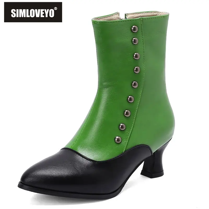 

SIMLOVEYO Autumn Green Women's Big-Size Knee-High Boots Pointed Toe Small Heels Zipper Rivets Mixed Sizes 47-48 Daily Shoes Sale
