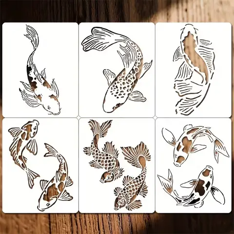 6Pcs Koi Fish Stencil for Painting Two Carp Fish Drawing Templates Reusable PET Stencils DIY Wall Art Wood Floor Canvas Decor