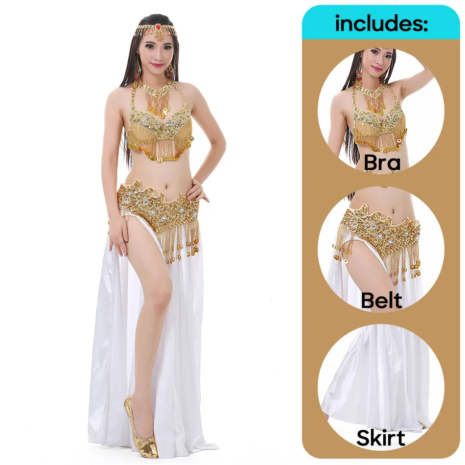 Belly Dance Costumes Set With Hip Scarf Belt Bra Dress Gold Silver Color Double Slit Satin Skirt Suit Belly Dance Performance