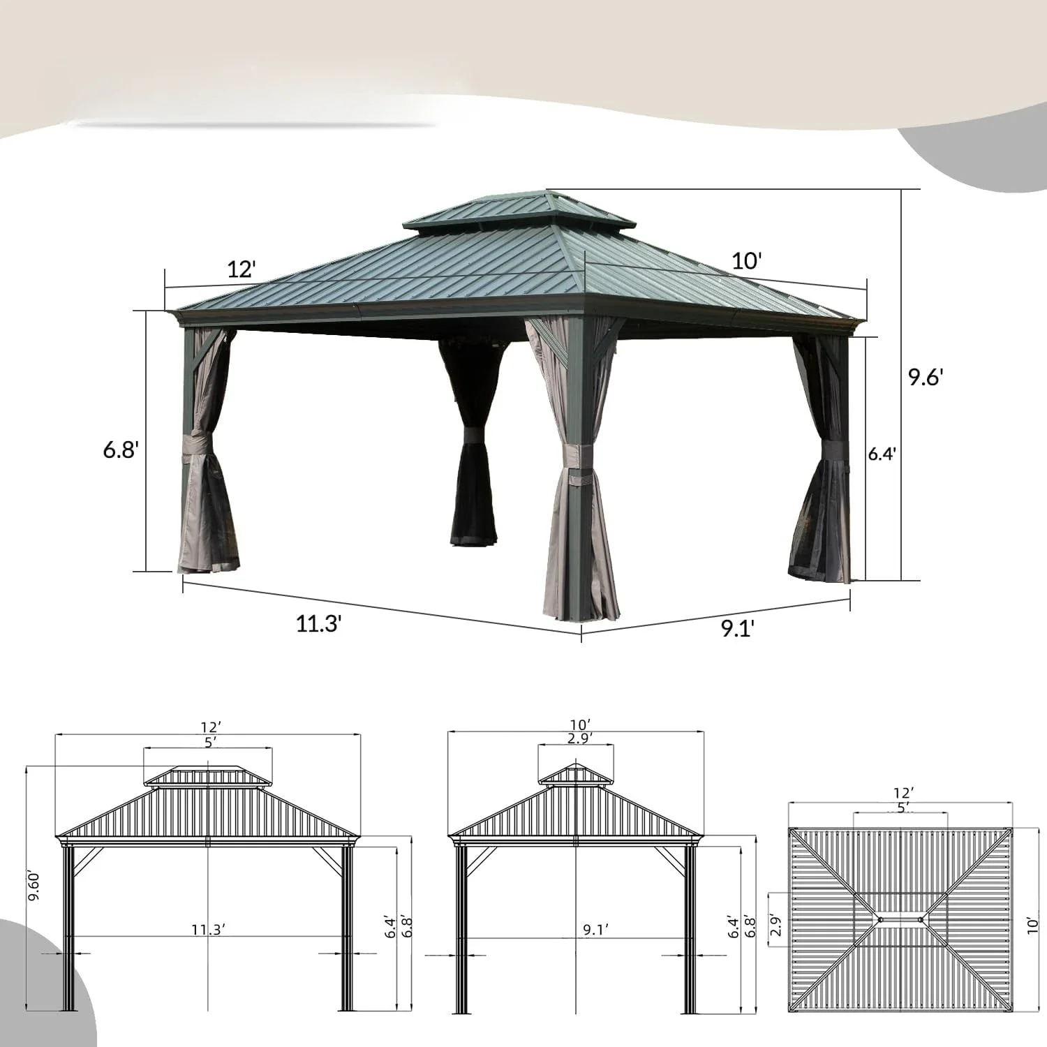 Hardtop Gazebo, with Galvanized Steel Double Roof Canopy, Drainage Gutters, Curtain and Netting, Metal Gazebo Pavilion