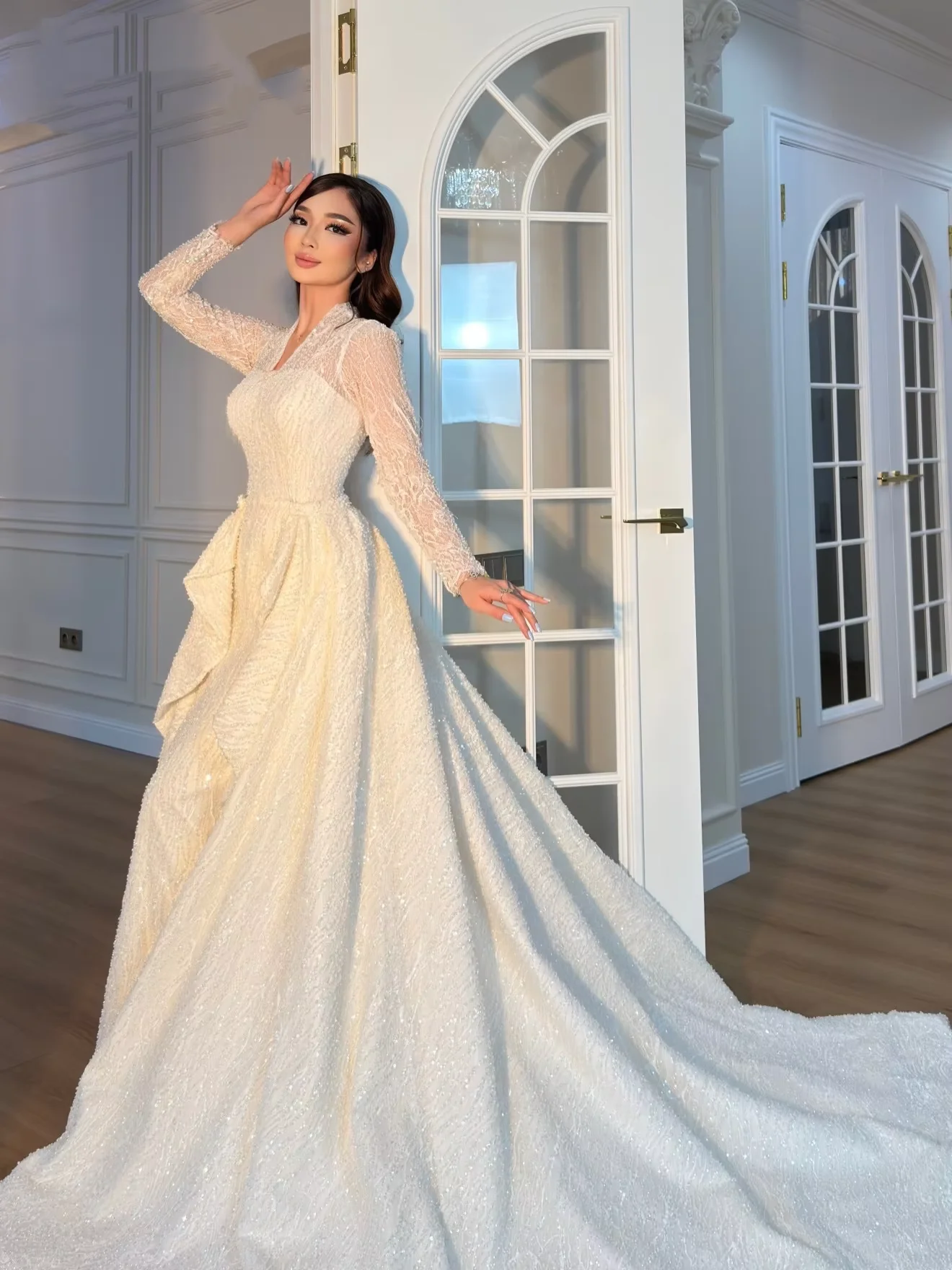 Glamorous Beaded Mermaid Wedding Dresses Long Sleeve V Neck Detachable Train Bridal Gown Vestidos De Novia Customized