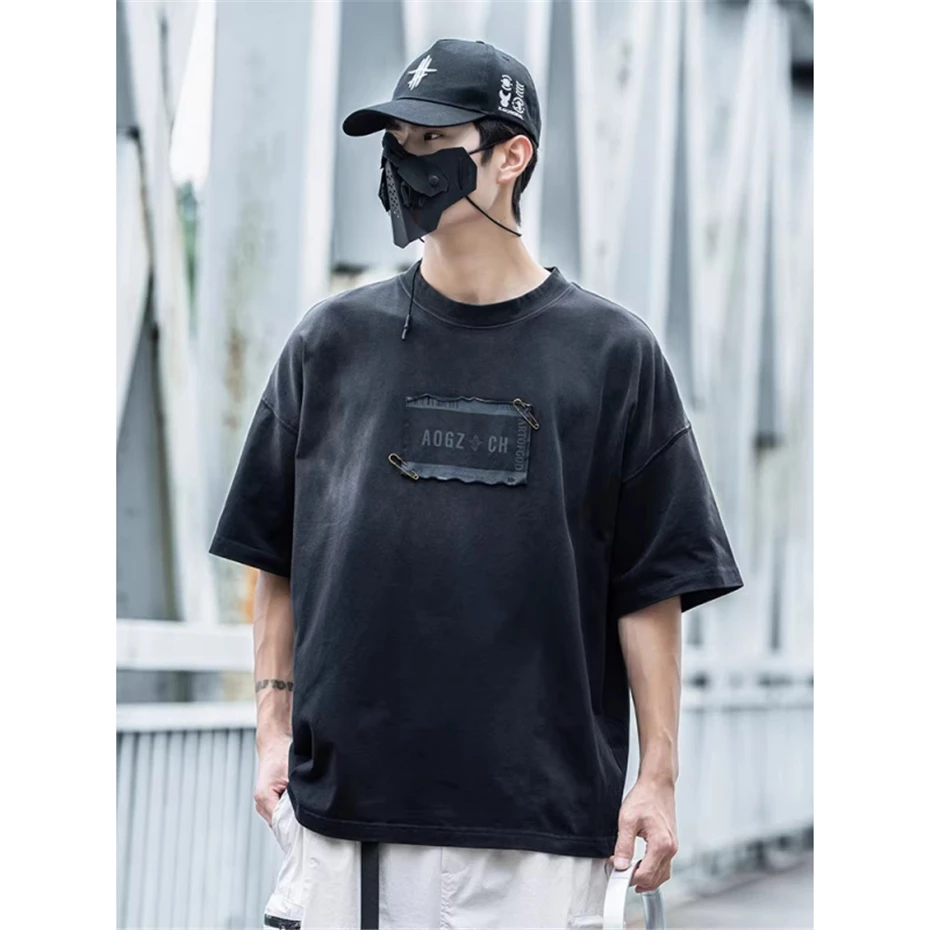 Mens Patch Print T-Shirt Streetwear Hip Hop Punk Y2k Short Sleeve TShirt Men Harajuku Vintage Loose Casual Cotton Tees Tops Male