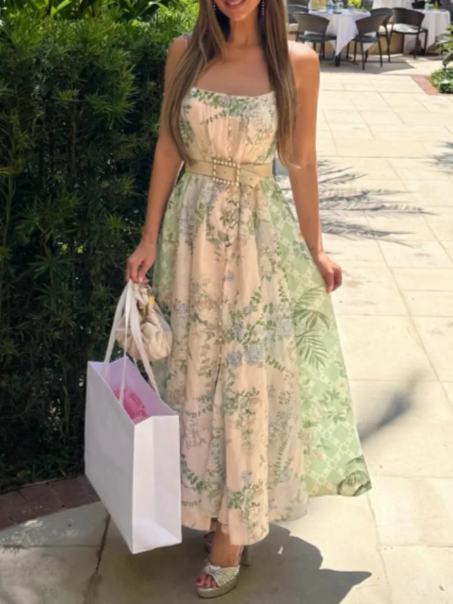 

Women Pink and Green Flower Print Midi Dress 2025 New Strapless High Waist Big Swing Holiday Sling Robe