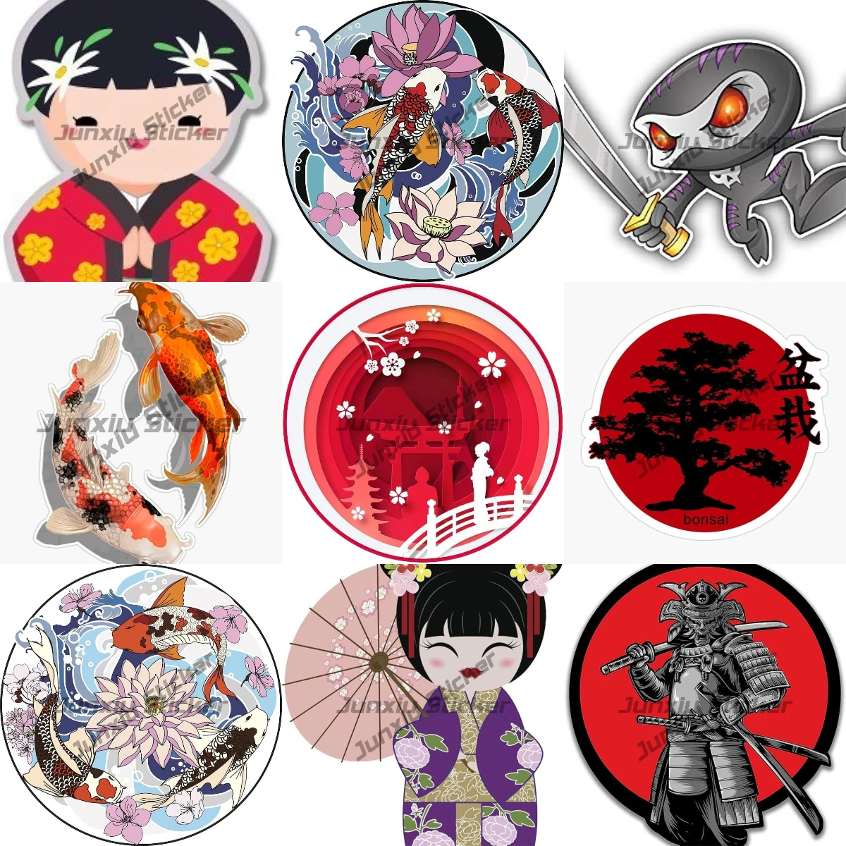 Samurai Warrior Sticker Rising Sun Japan Adorable Kawaii Colorful Japanese Koi Fish with Waves Cartoon Art Truck Car Bumper SUV