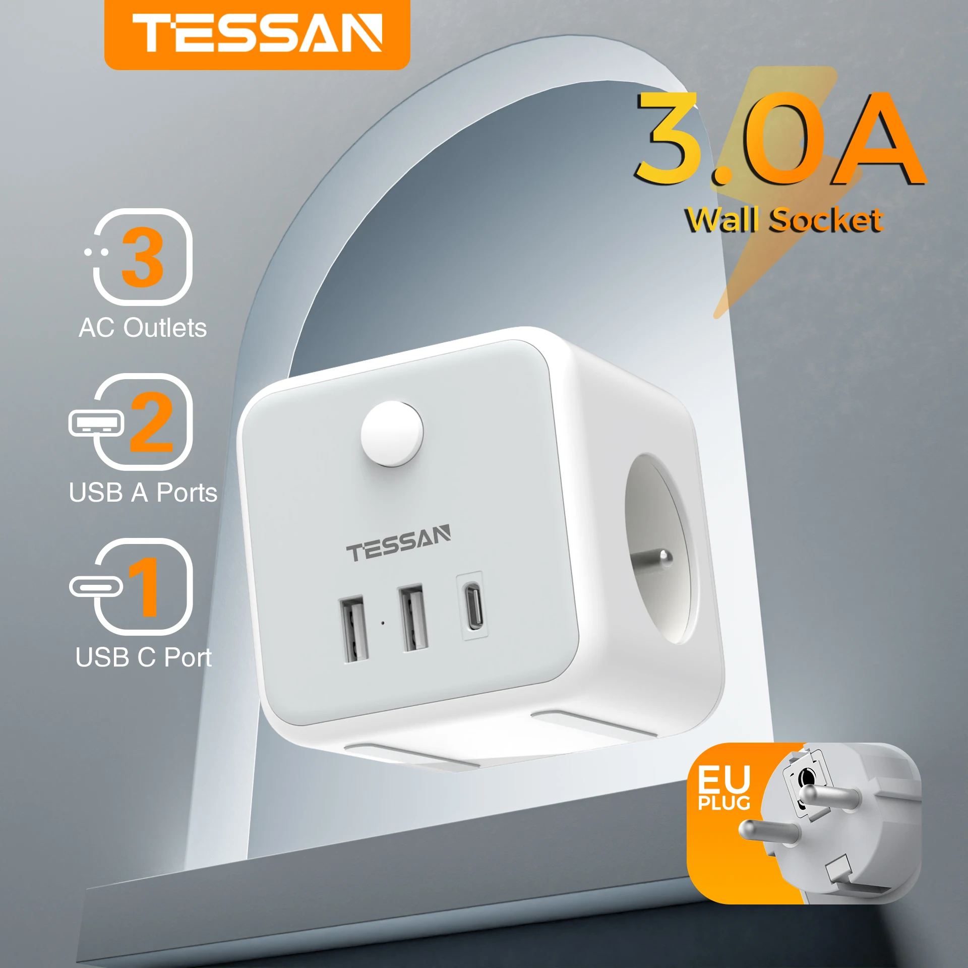 TESSAN FR Tomada de parede Cube Power Strip com 3 tomadas francesas e 3 portas de carregamento USB 6 em 1 Multi Tomadas Adaptador de tomada de alimentação