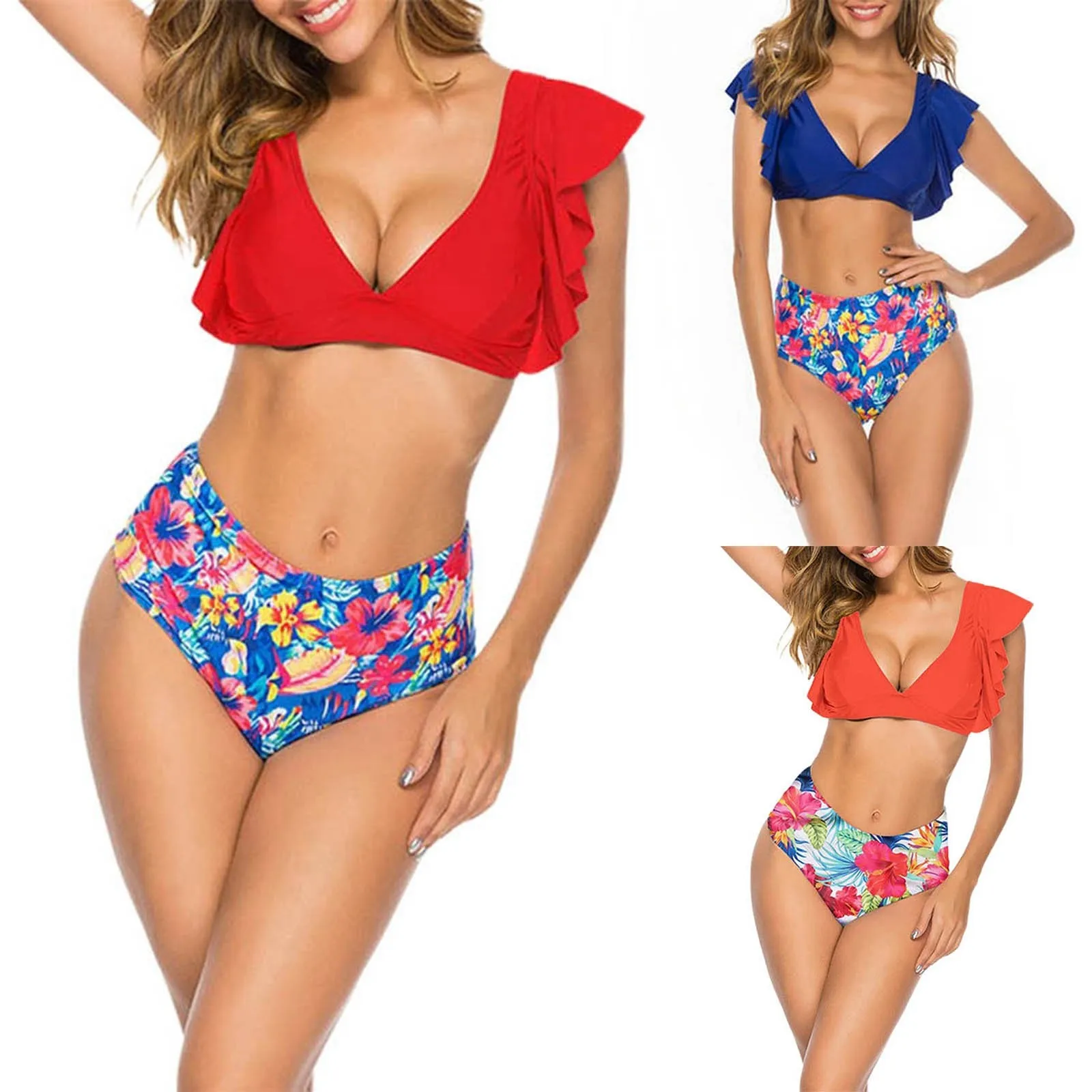 

Classic Simple Solid Deep V Vest Tops With Chest Pad High Waist Pleated Swim Briefs Split Swimsuit Set Women Trend Bikini Set