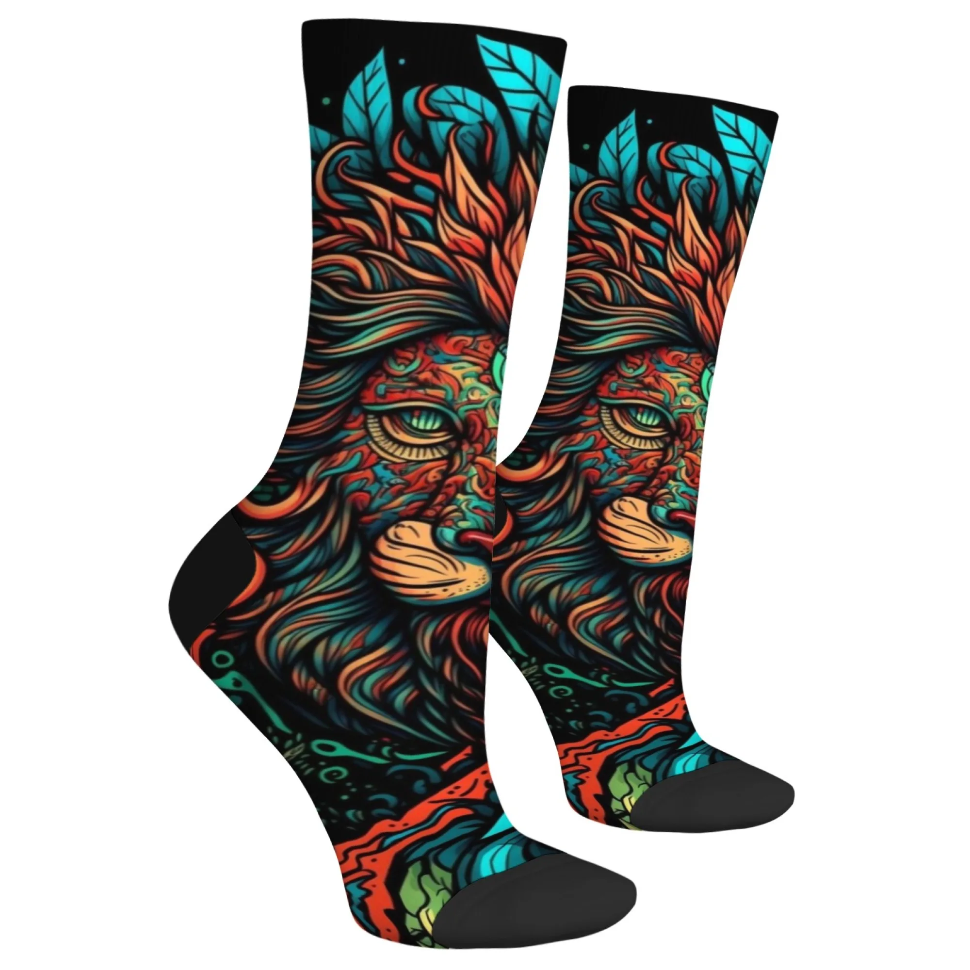 Bohemian Style Art Lion Print Men's Socks Novelty Harajuku Street Hip Hop Crew Socks Comfortable Breathable Non-slip Socks Gift