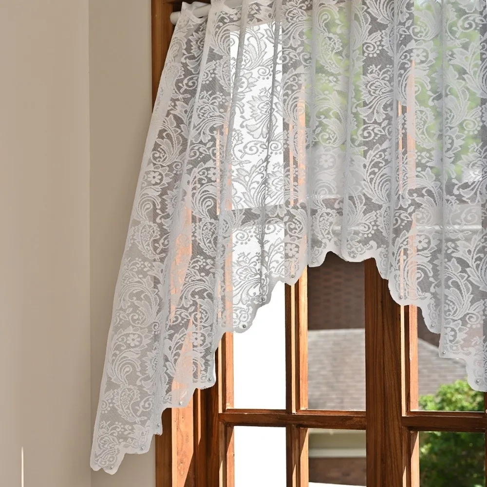 Decorative Flower Short Curtain Light Filtering White Lace Pearl Curtain Divider French Style Triangle Curtain Bedroom
