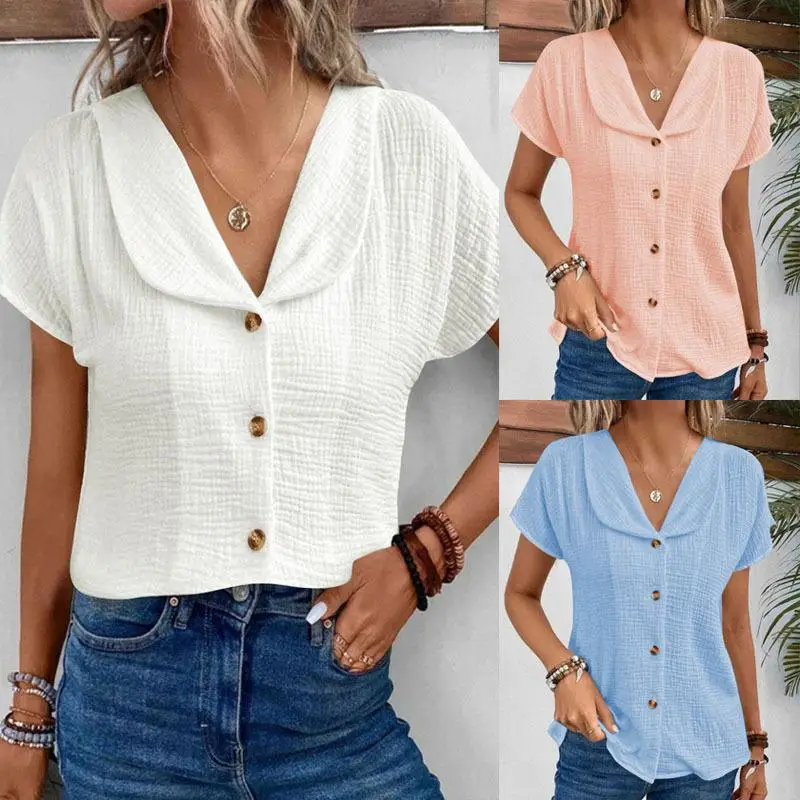 

Simple Sle White ort Sve irt Summer Turn Collar Single Button Cardigan Top Women's Casual Faion PU Material Thin
