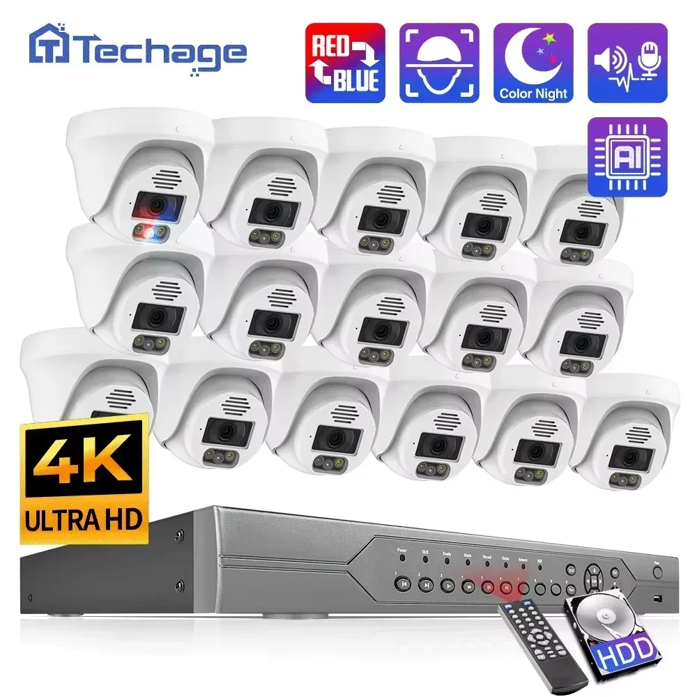 Techage 16CH 4K 8MP POE Camera Security System Dome Two-Way Audio Full Color Night Vision CCTV Video Surveillance Camera Kit