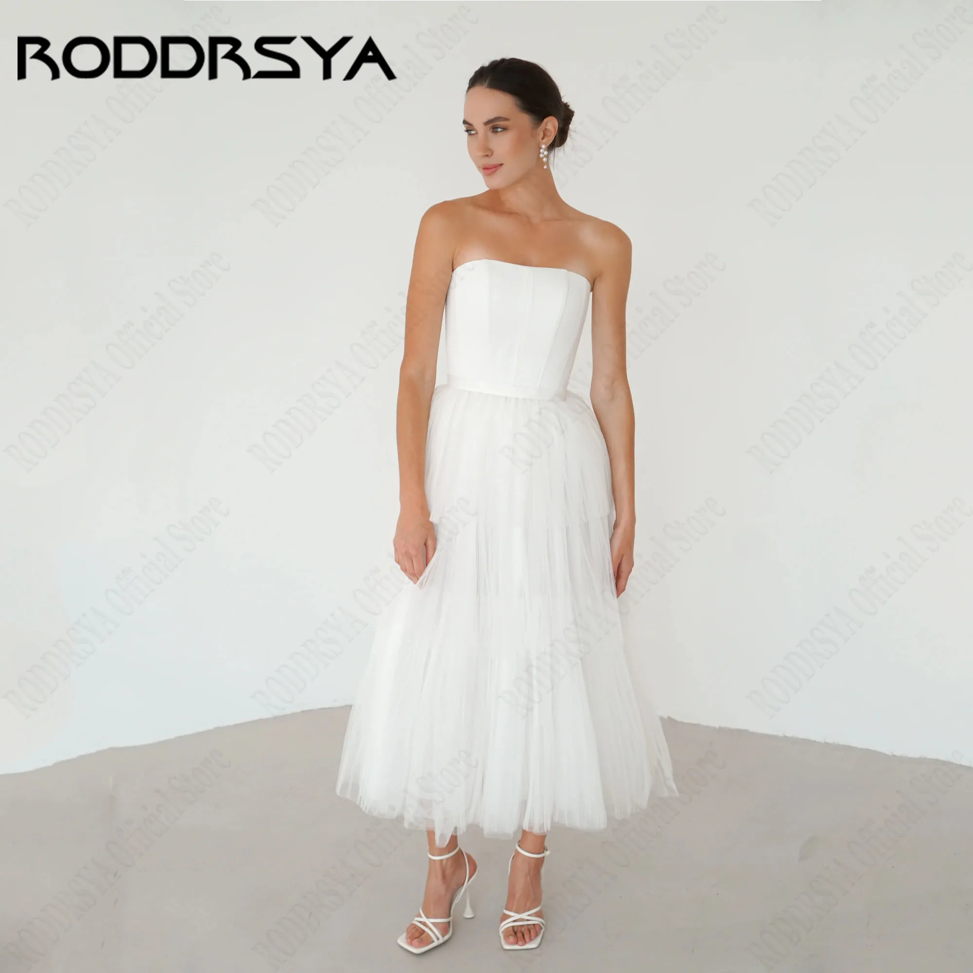 

RODDRSYA Sleeveless Strapless Bride Gowns A-Line Backless Bow Elegant Wedding Dress Tea-Length Tulle vestido de novia Customized