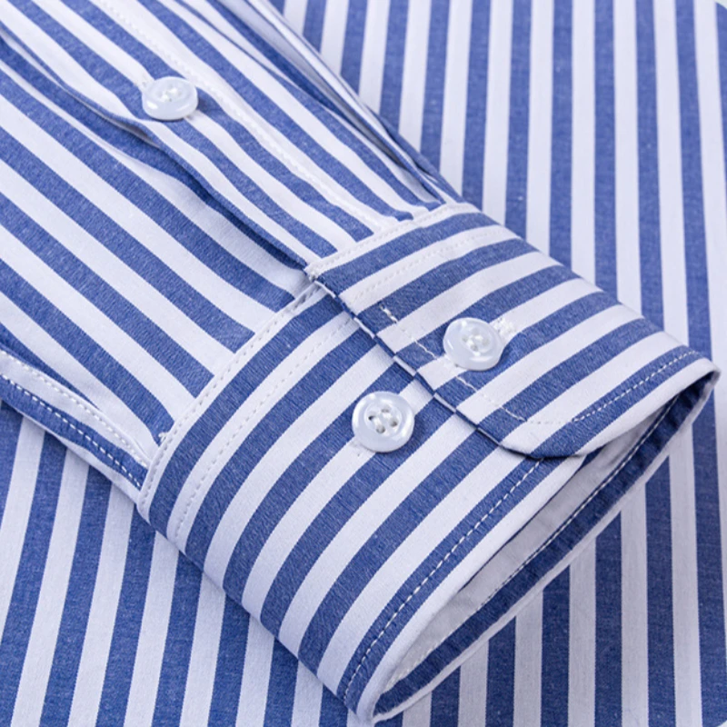 Classic Striped 95% Cotton +5% Spandex Shirts Men Long Sleeve 4XL Micro Elasticity Men Shirts Long Sleeve Slim Fit Anti-wrinkle
