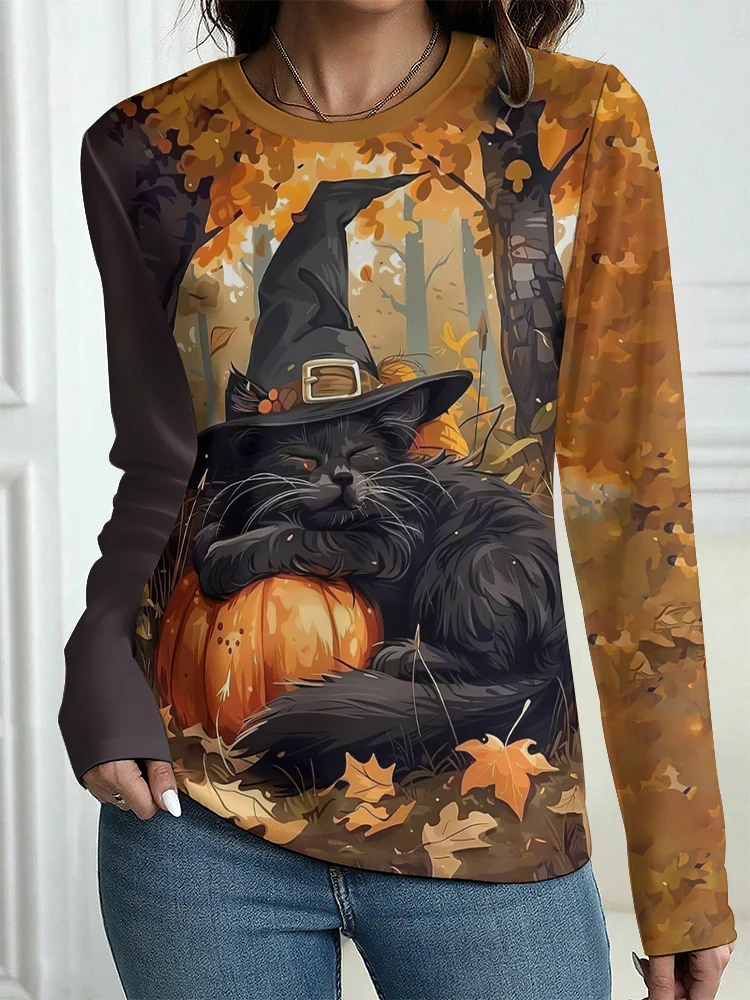 Autumn Long Sleeve Women's T-shirt Fashion Casual Long T-shirt Tops Halloween Spooky Ghost Printing OverSize Women's Clothing