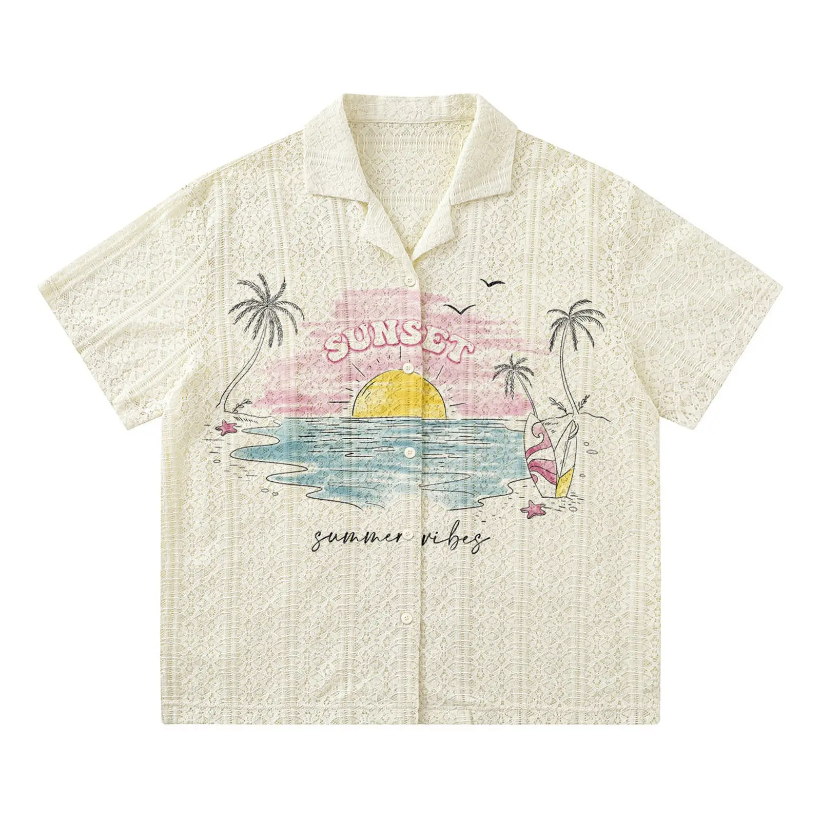 American retro island vacation printed hollow short-sleeved embroidered men's and women's summer loose and lazy style couple shi