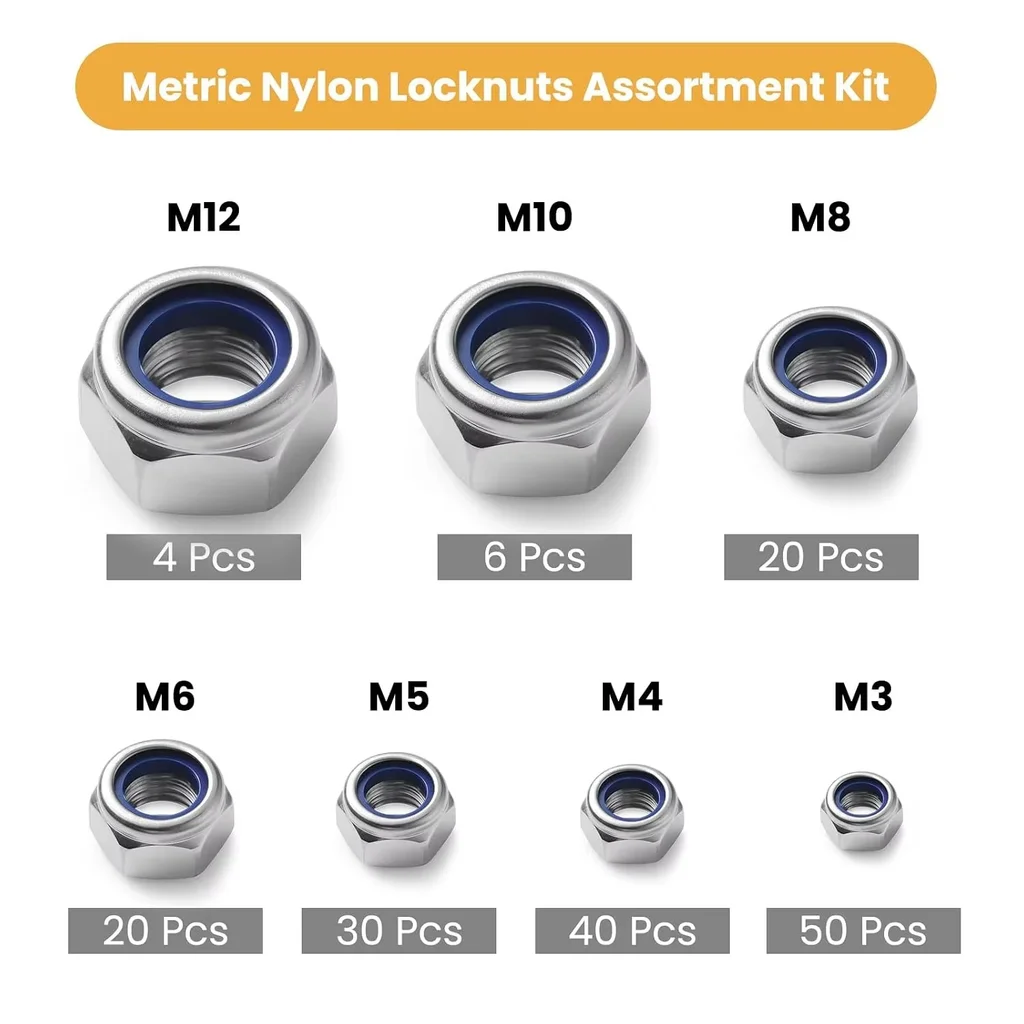 XLGYLPRO 170PCS DIN985 Nylon Insert Lock Nuts M3-M12 Metric Self-Locking Nyloc Hex Locknuts Stainless Steel Assortment Kit Set