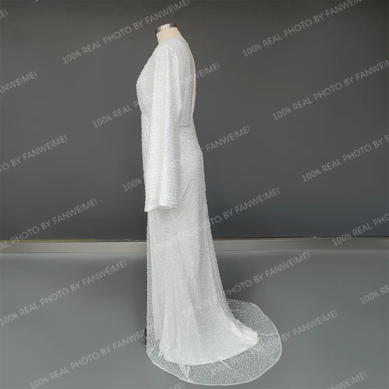 Vestido de novia con lentejuelas y escote en V para mujer, ropa de novia con abertura en la espalda, cola de barrido, 8993