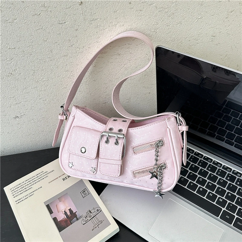 Y2K Fashion Women's Handbags Stars Pattern Armpit Bag for Cool Girls Vintage PU Female Small Shoulder Bags Zipper Tote Purses